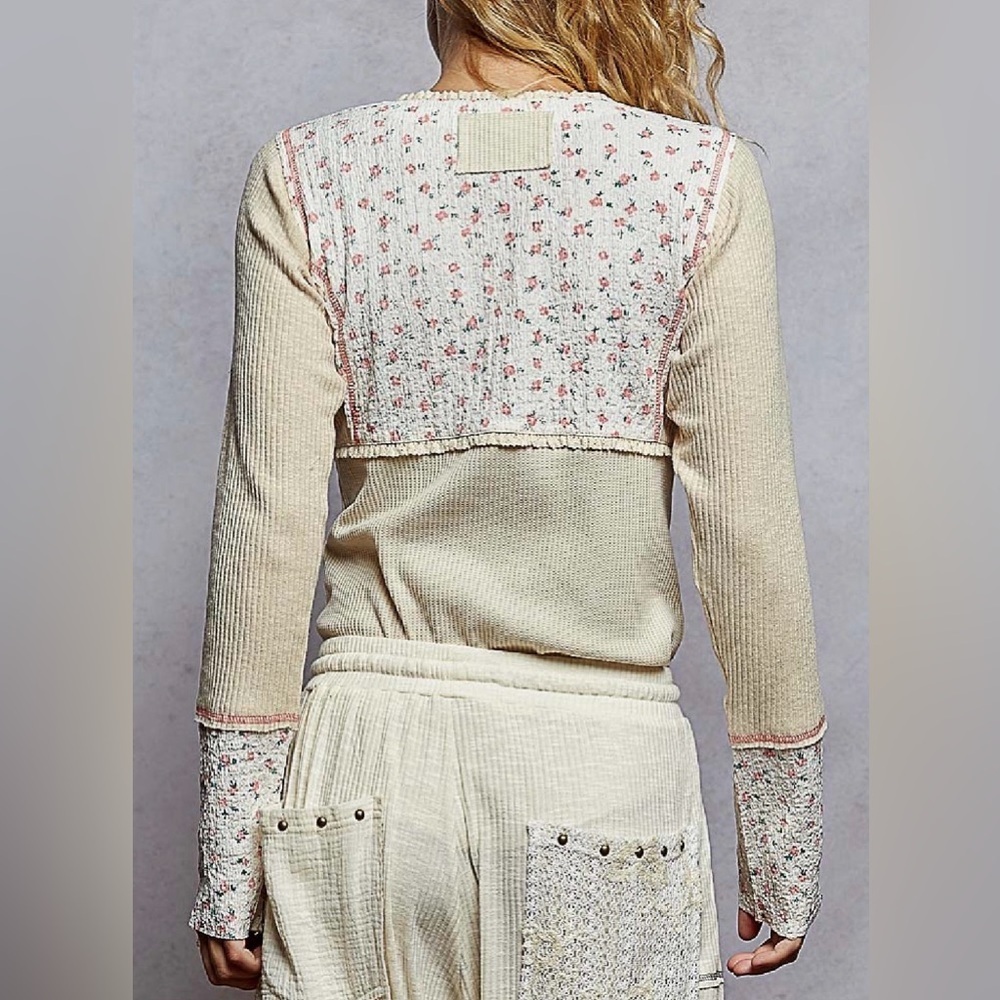 NWT POL Waffle Knit Floral Textured Contrast Thermal Long Sleeve Top - Picture 10 of 10